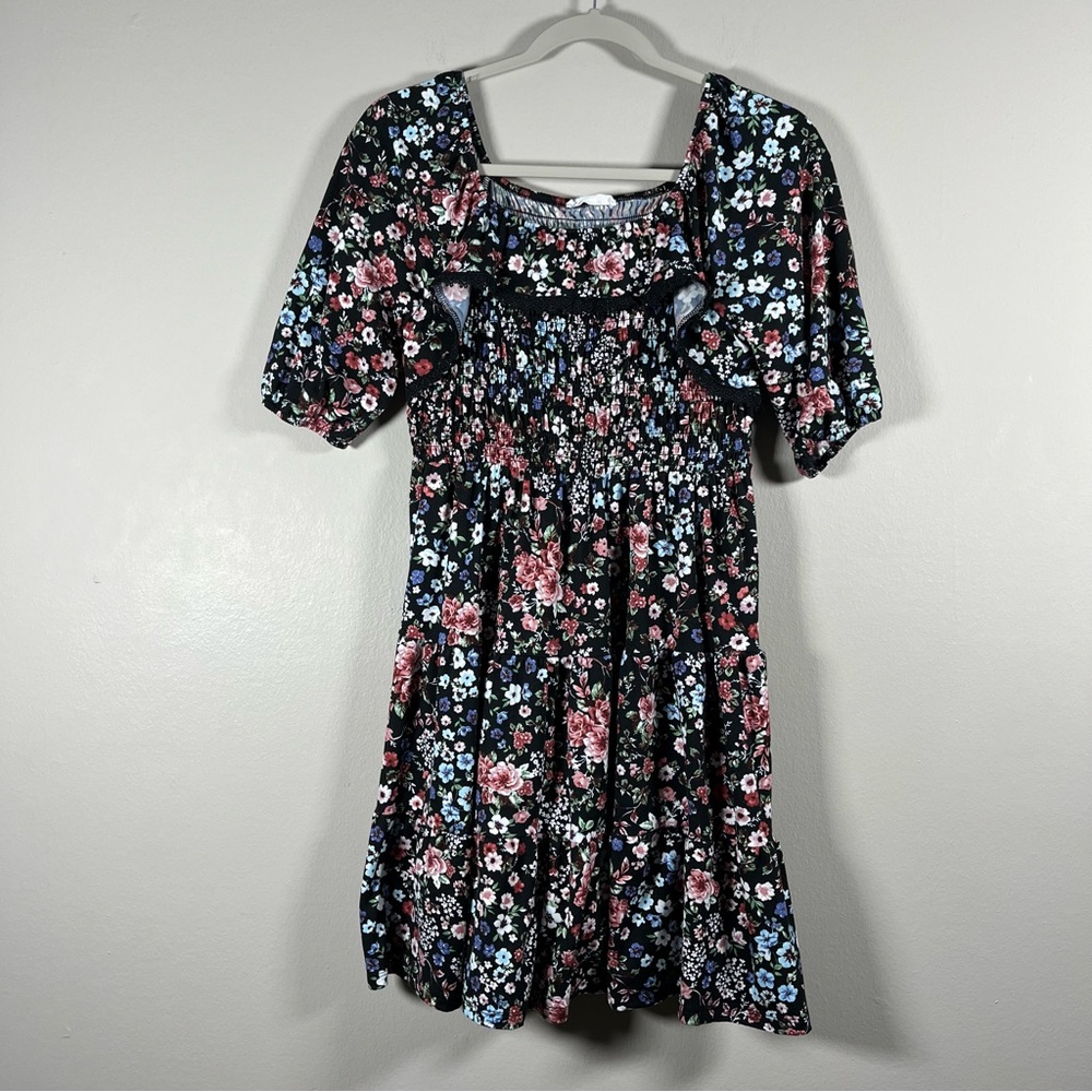 Knit Works Floral Dress with Lace Trim Neckline Women’s Size L/14